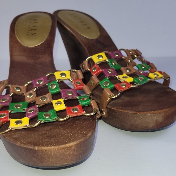 Ralph Lauren Wood Sandal Multi color leather metal Strap - Picture 6 of 11